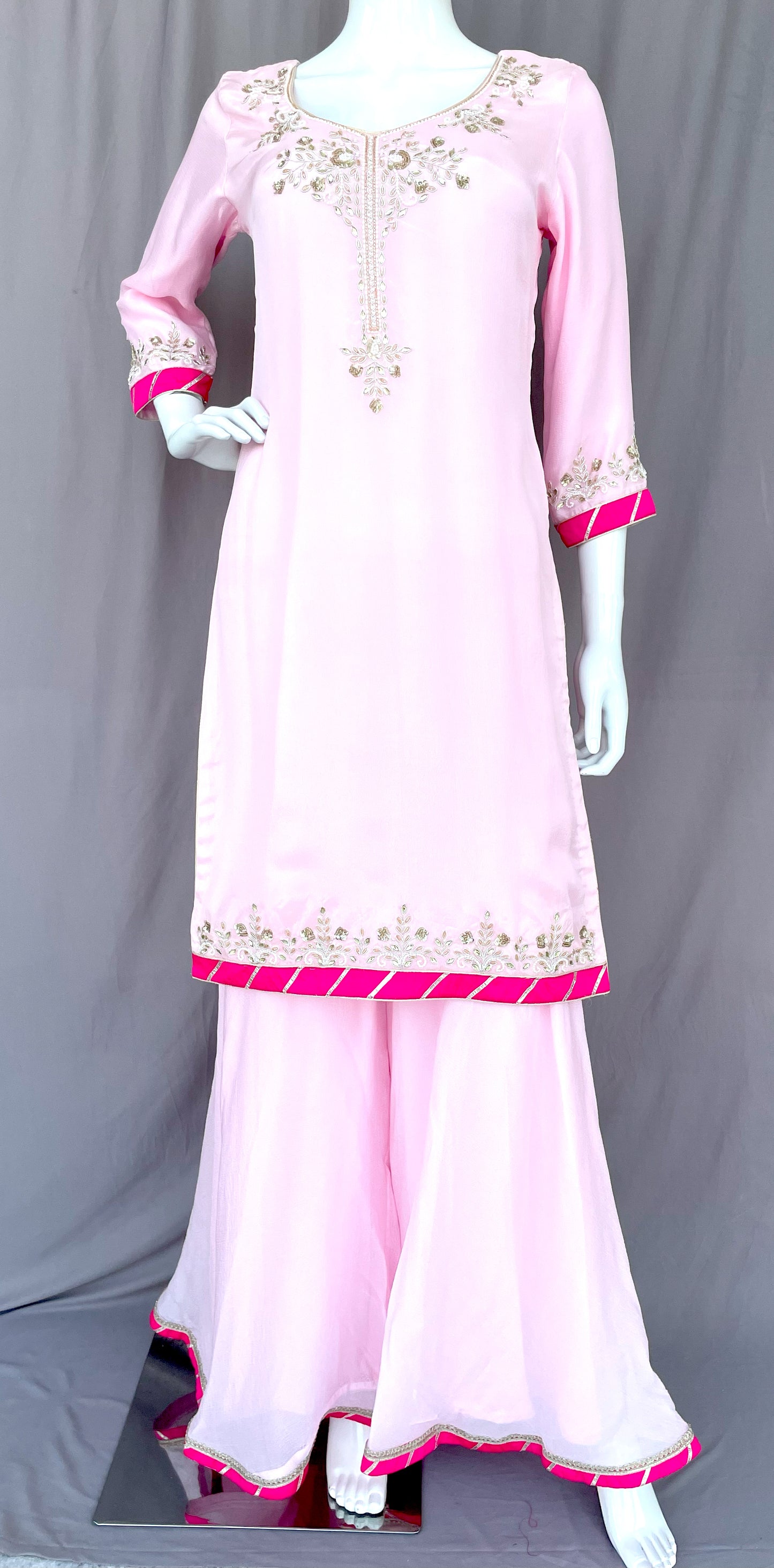 Blush Pink Pure Chinon Gharara Palazzo Suit, Hand Embroidered Suit, Dabka, Pearl Work