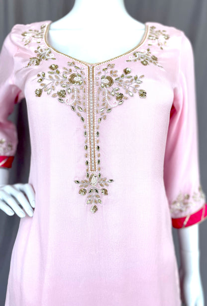 Blush Pink Pure Chinon Gharara Palazzo Suit, Hand Embroidered Suit, Dabka, Pearl Work