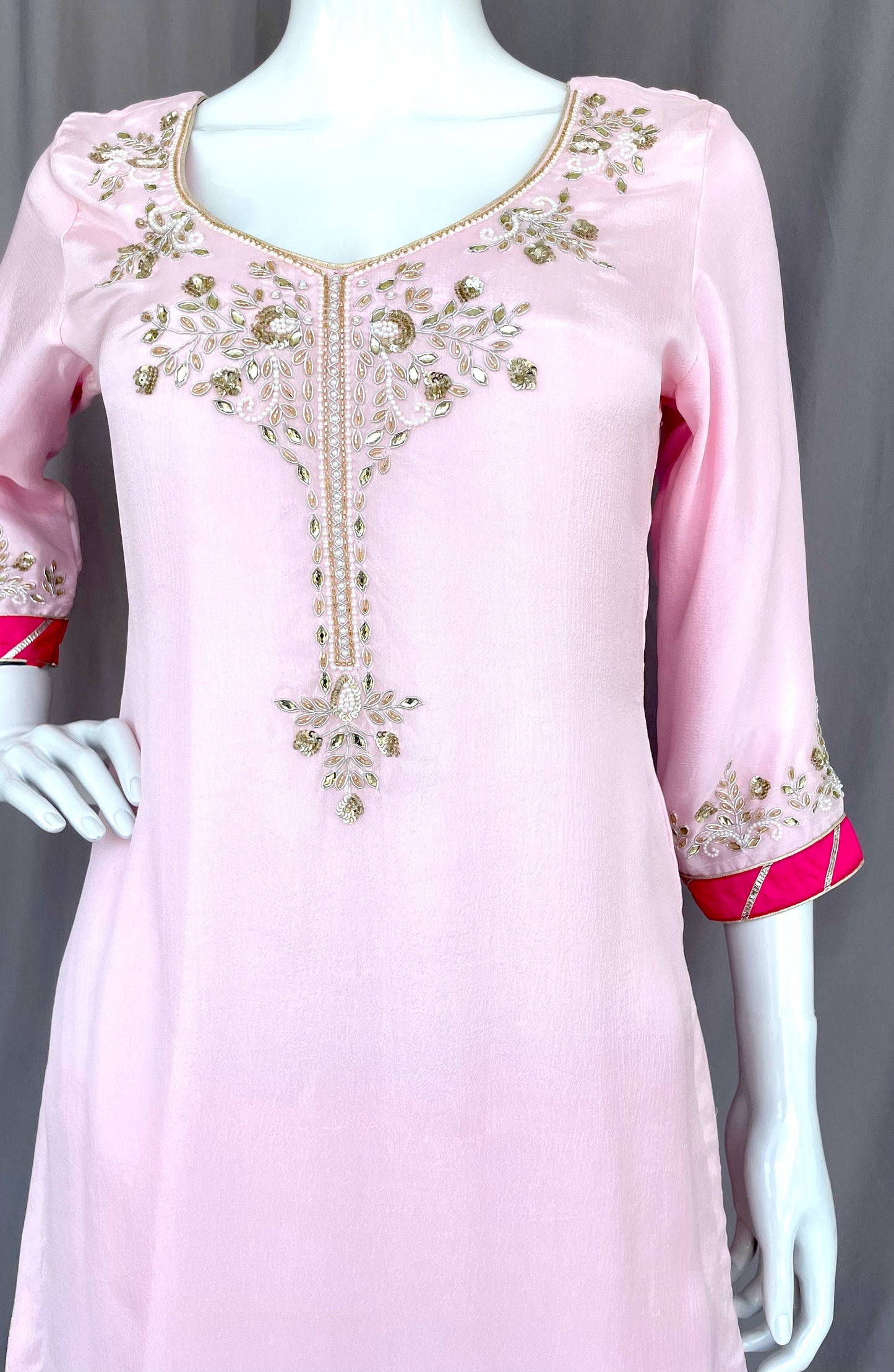 Blush Pink Pure Chinon Gharara Palazzo Suit, Hand Embroidered Suit, Dabka, Pearl Work