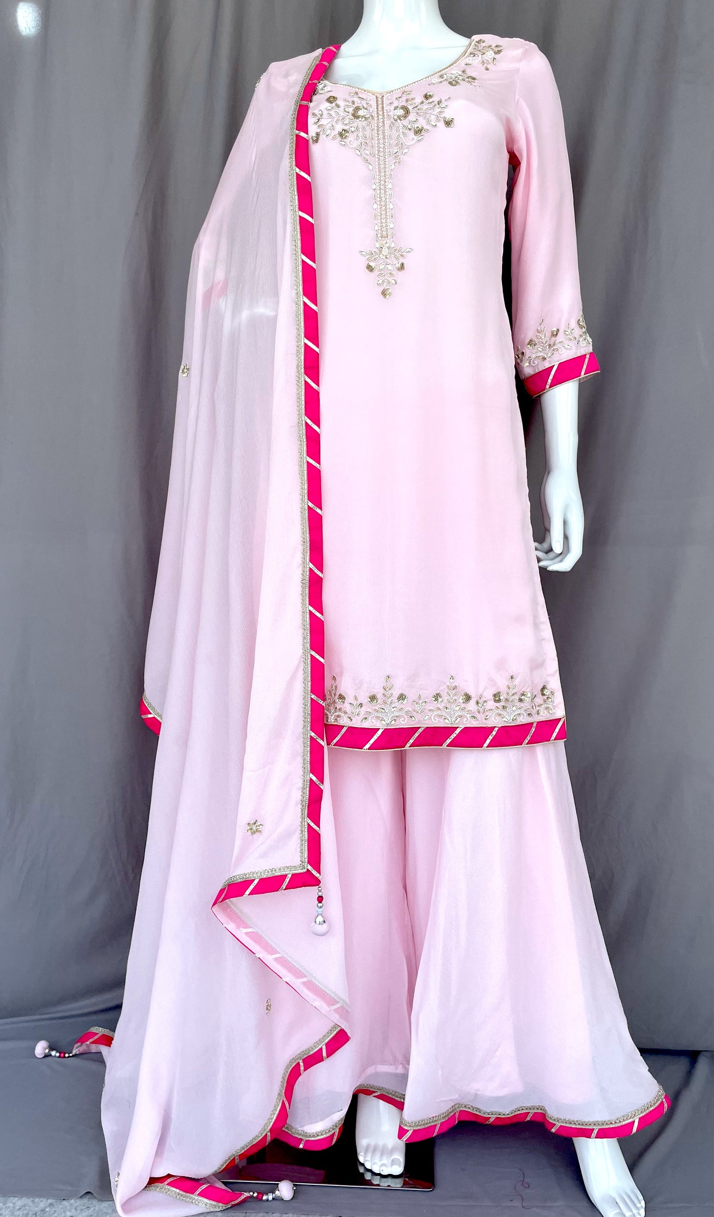 Blush Pink Pure Chinon Gharara Palazzo Suit, Hand Embroidered Suit, Dabka, Pearl Work