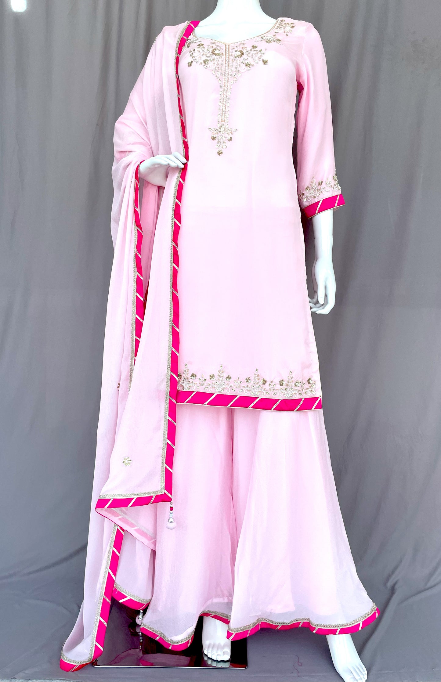 Blush Pink Pure Chinon Gharara Palazzo Suit, Hand Embroidered Suit, Dabka, Pearl Work