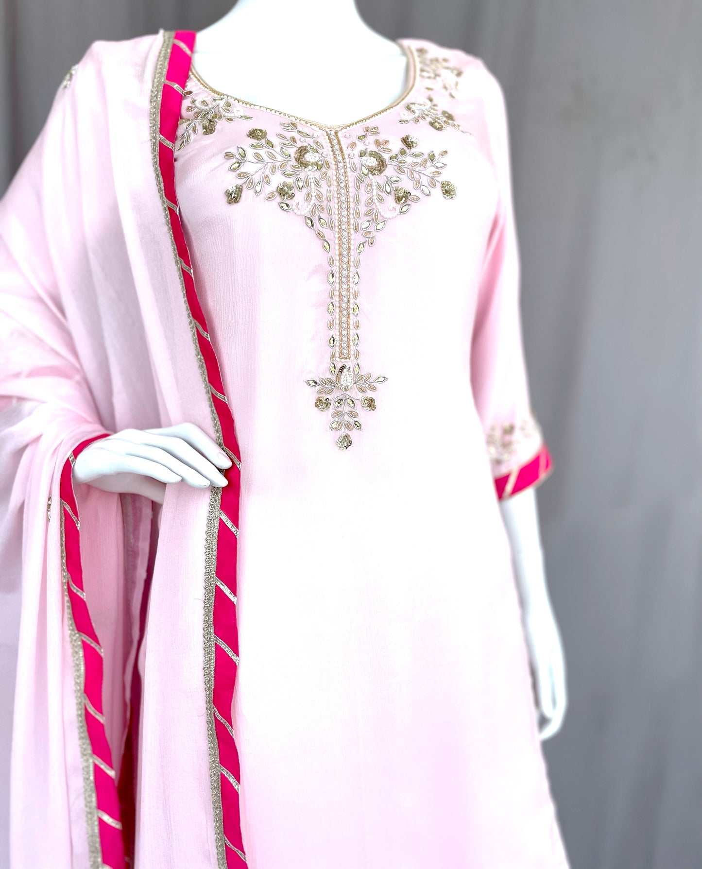 Blush Pink Pure Chinon Gharara Palazzo Suit, Hand Embroidered Suit, Dabka, Pearl Work