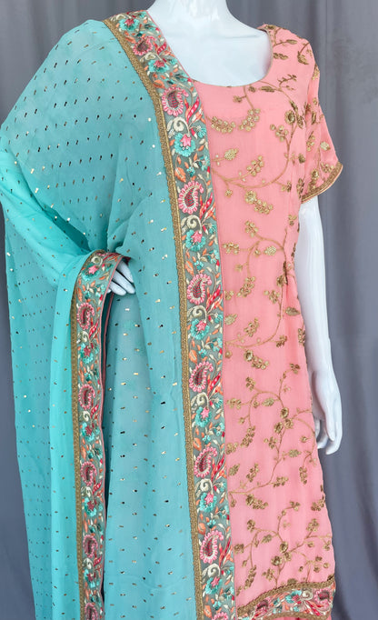 Pink Patiala salwar suit, Golden Zari Embroidered Kurta, Pure Georgette