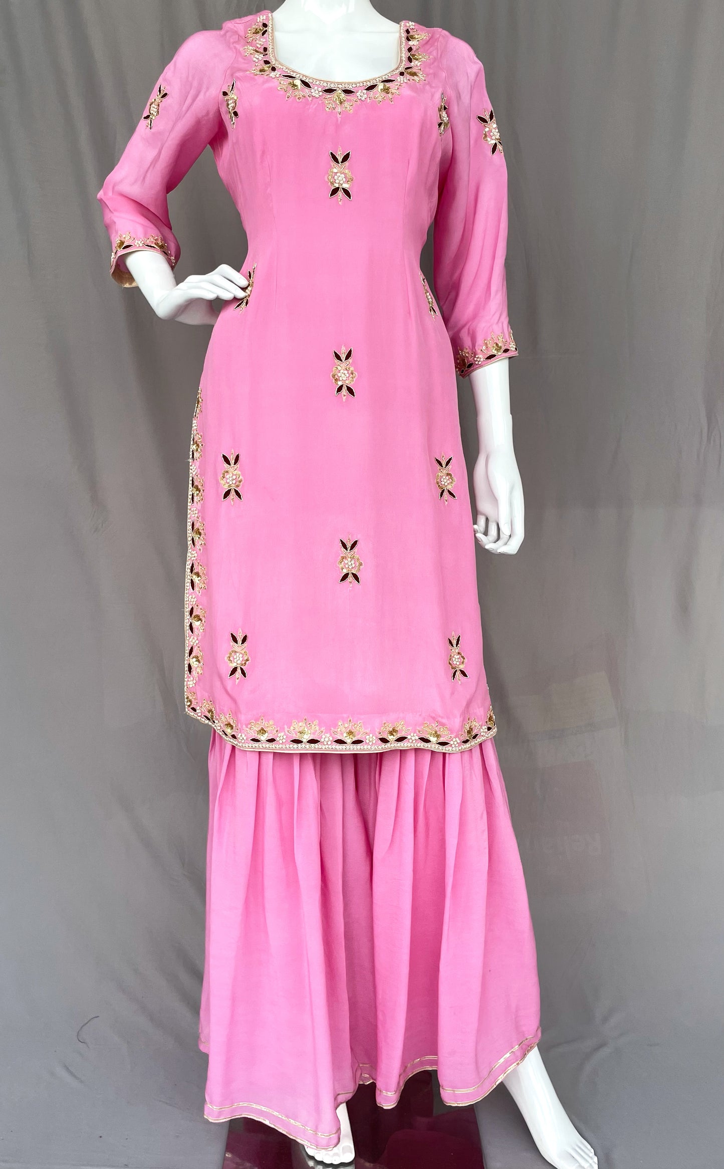 Onion Pink Pure Crepe Gharara Palazzo Suit, Hand Embroidered Suit