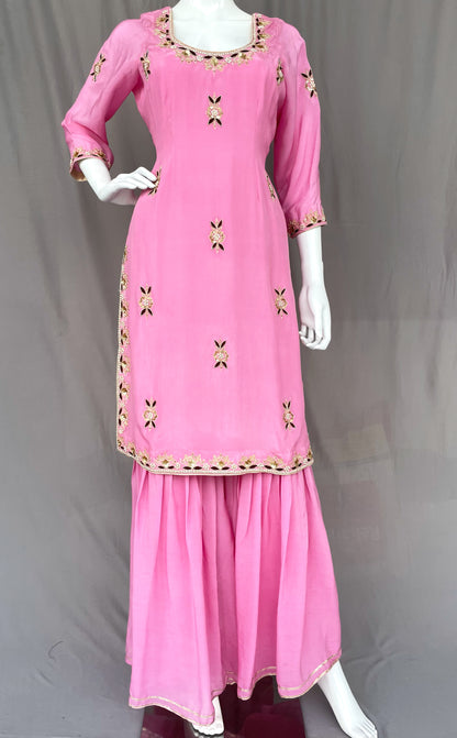 Onion Pink Pure Crepe Gharara Palazzo Suit, Hand Embroidered Suit