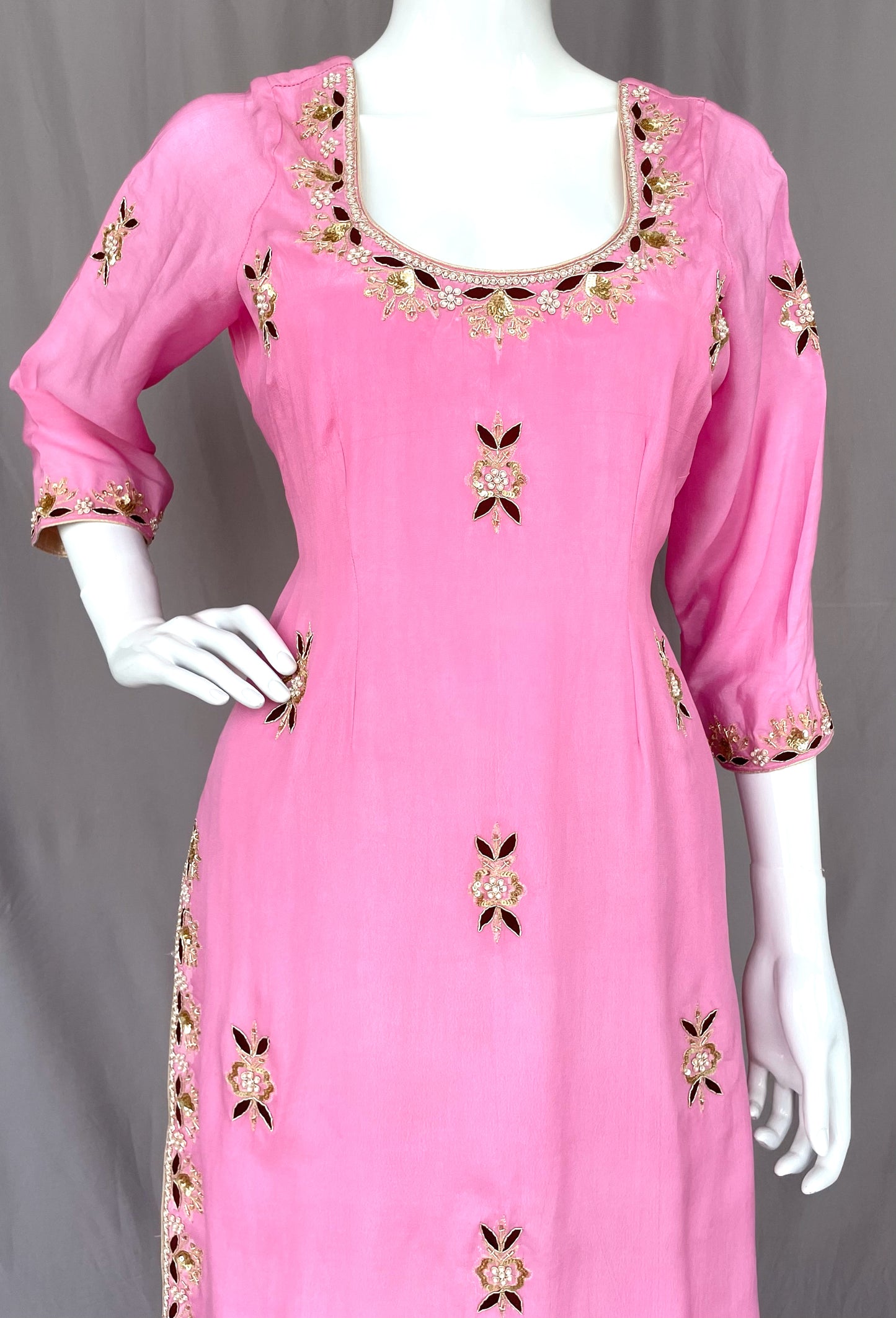 Onion Pink Pure Crepe Gharara Palazzo Suit, Hand Embroidered Suit