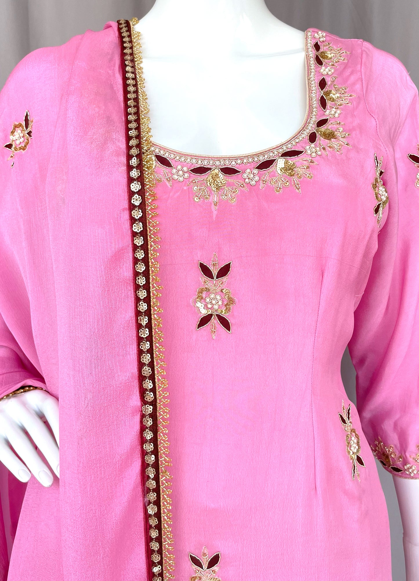 Onion Pink Pure Crepe Gharara Palazzo Suit, Hand Embroidered Suit