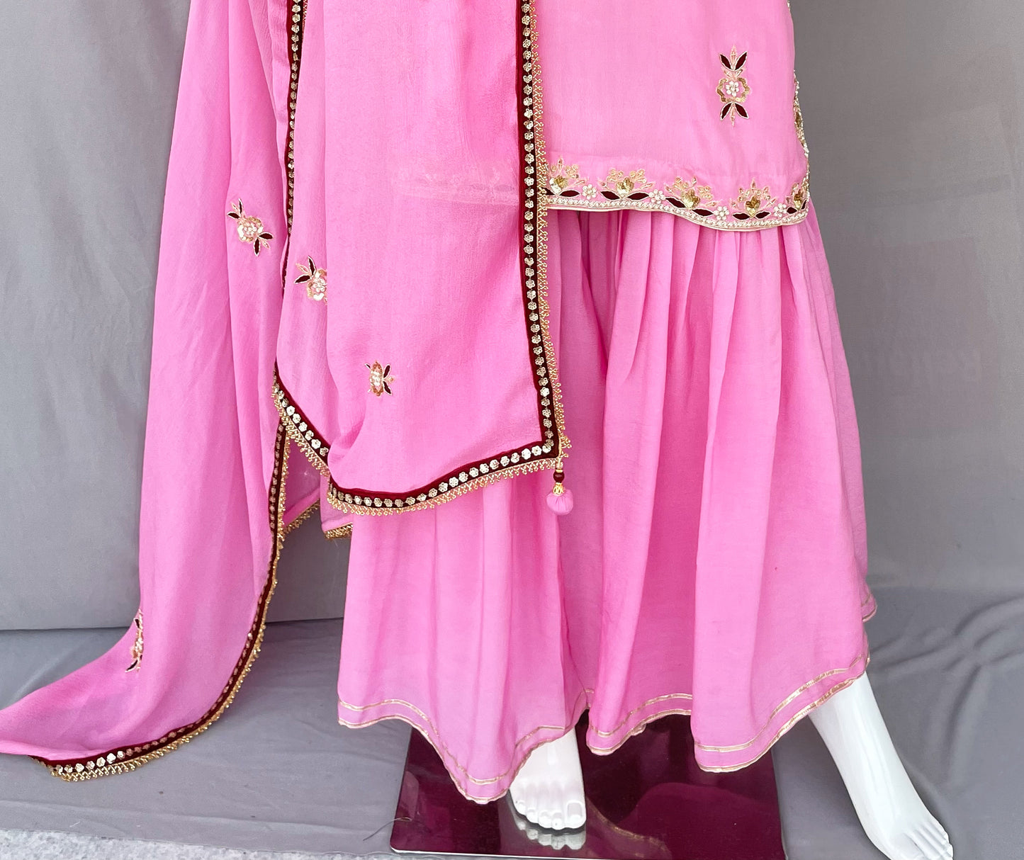 Onion Pink Pure Crepe Gharara Palazzo Suit, Hand Embroidered Suit