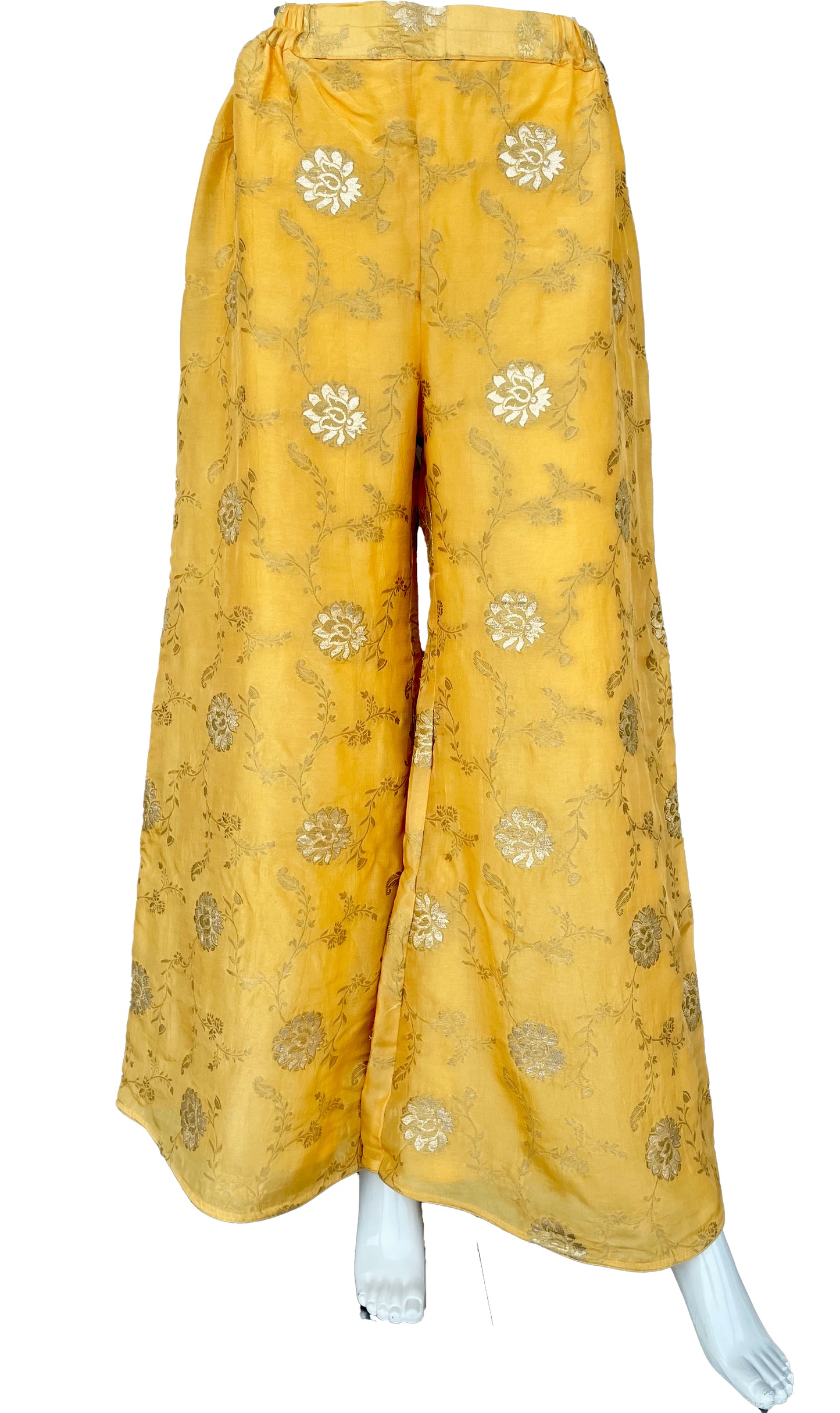 Yellow Pure Silk Palazzo Suit with Dupatta, Zari Floral Embroidery All over, Sleeveless kurta Palazzo