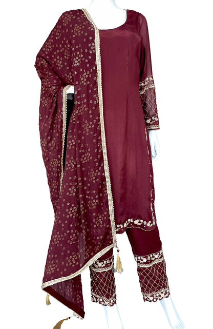 Maroon Pure Chinon Straight Pant Suit with Hand Embroidery Zardosi Work, Wedding wear