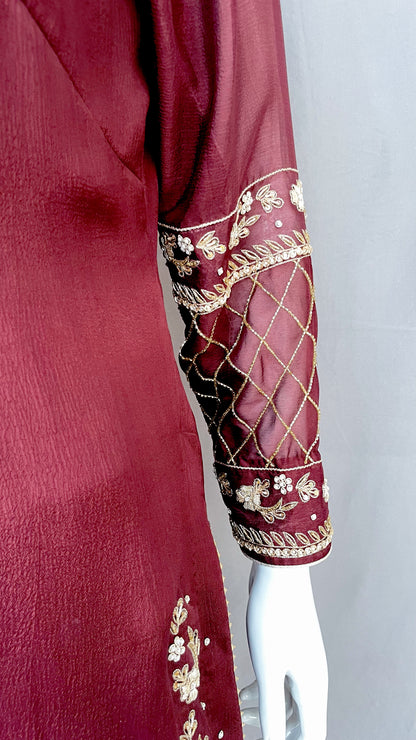 Maroon Pure Chinon Straight Pant Suit with Hand Embroidery Zardosi Work, Wedding wear