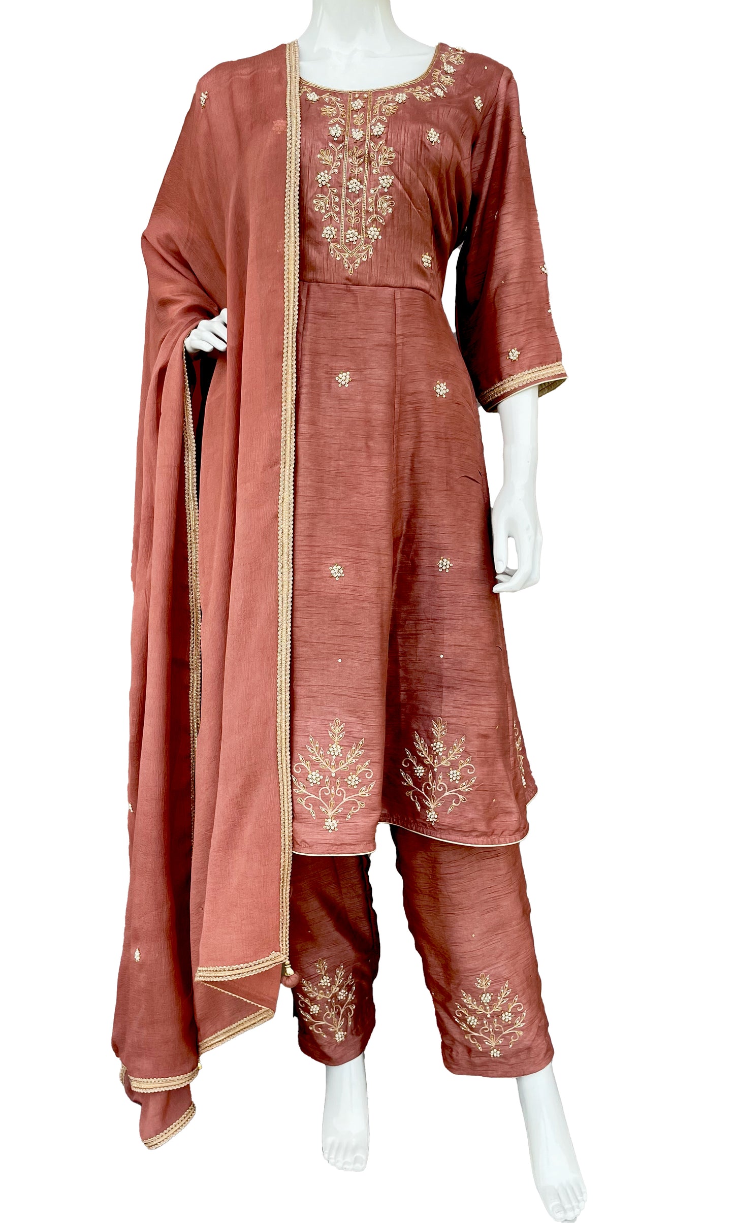 Pure Dola Silk Anarkali Pant Suit, Hand Embroidered with zari and Dabka Work