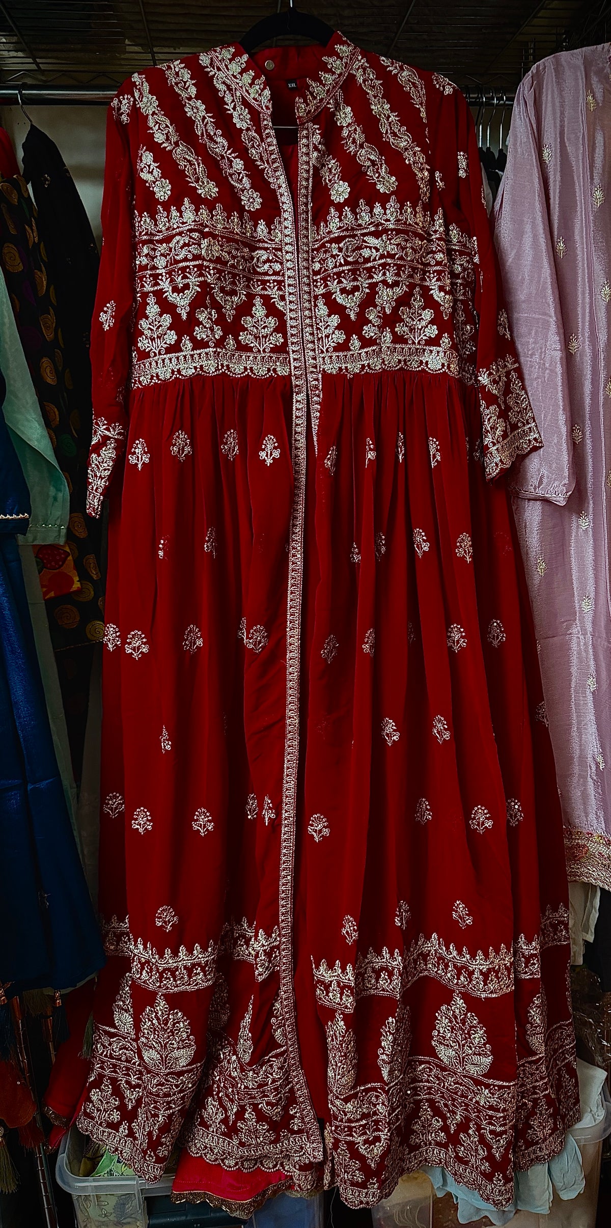 Deep Red Embroidered Faux Georgette Anarkali Gown Set,  3 Pc Set