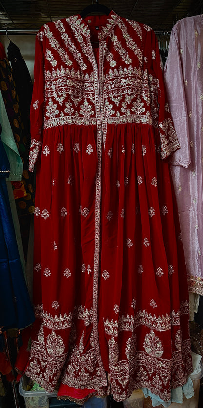 Deep Red Embroidered Faux Georgette Anarkali Gown Set,  3 Pc Set