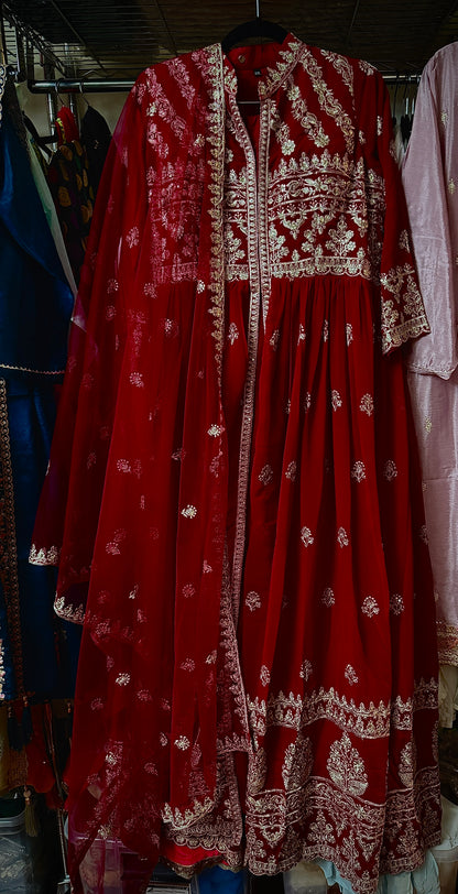 Deep Red Embroidered Faux Georgette Anarkali Gown Set,  3 Pc Set