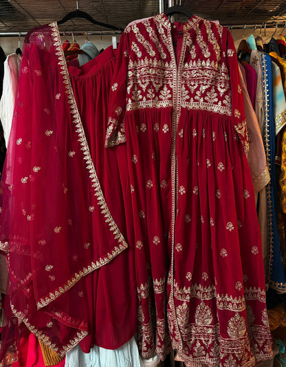 Deep Red Embroidered Faux Georgette Anarkali Gown Set,  3 Pc Set