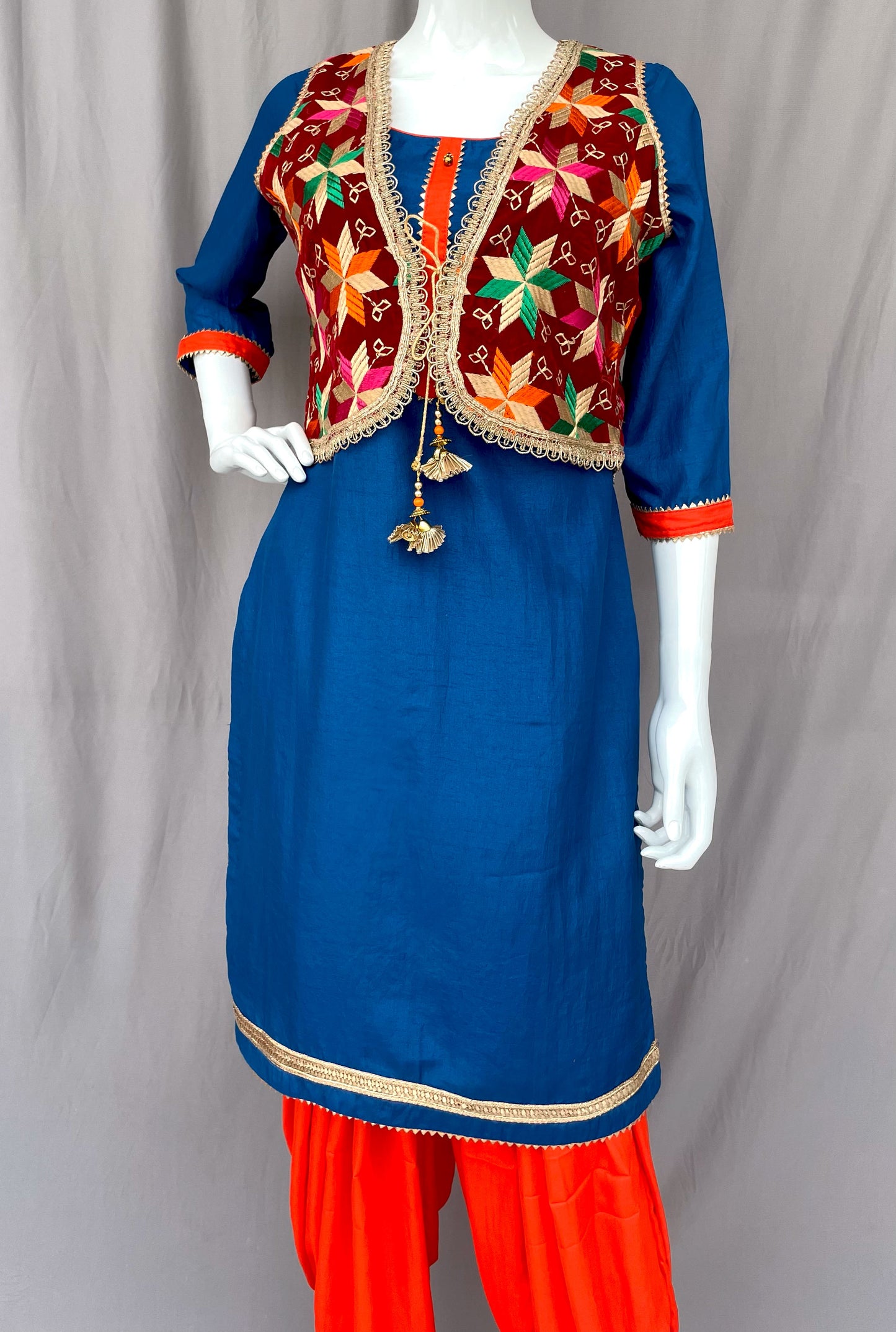Maroon Phulkari Jacket with Patiala Salwar and Kurta, Bhangra dress for women, Gidda dress for women