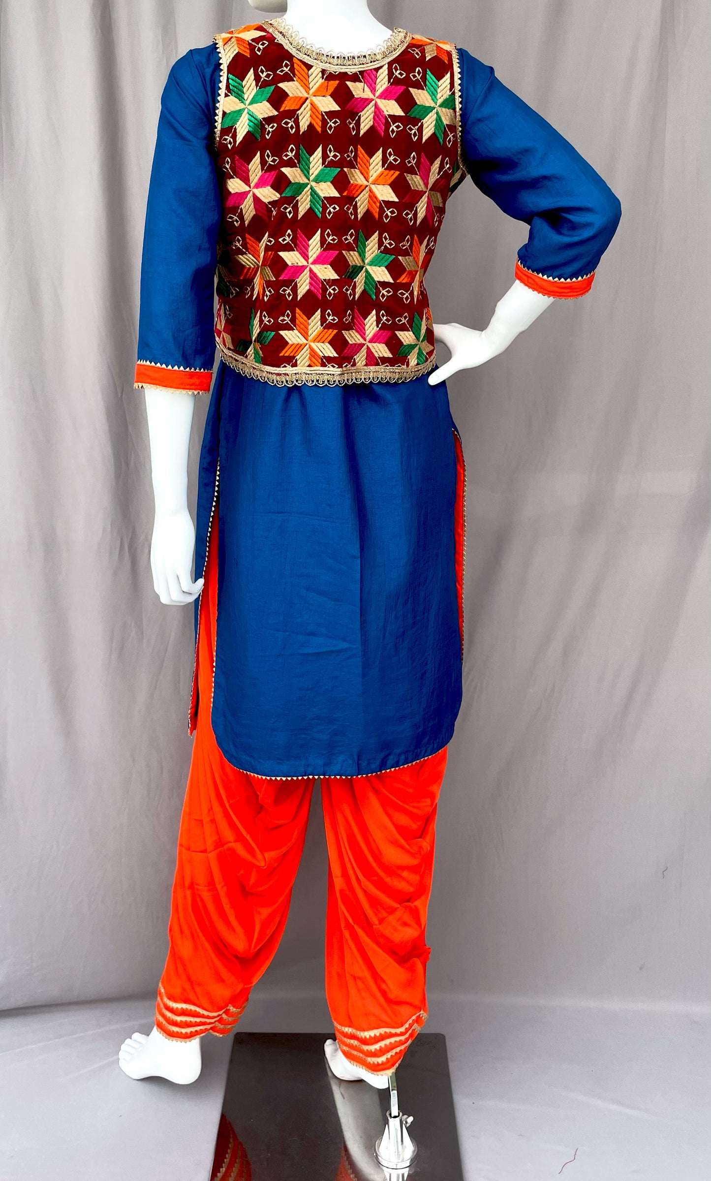 Maroon Phulkari Jacket with Patiala Salwar and Kurta, Bhangra dress for women, Gidda dress for women
