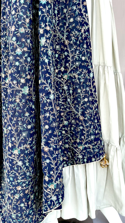 Navy Blue Kashmiri Embroidery Pure Georgette Dupatta with Zari Border and Fancy Tassels