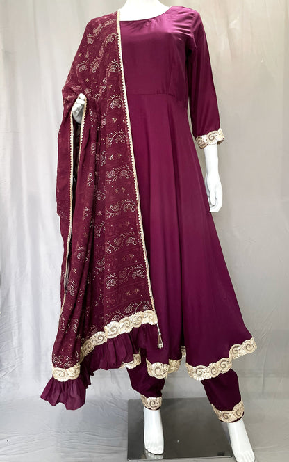 Wine Anarkali Style Muslin 3pcs Pant Suit,  with Golden Border