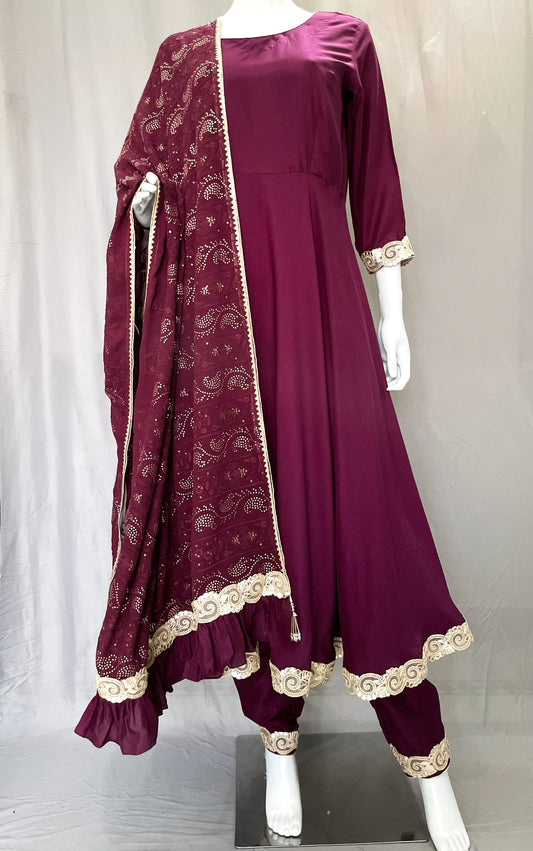 Wine Anarkali Style Muslin 3pcs Pant Suit,  with Golden Border