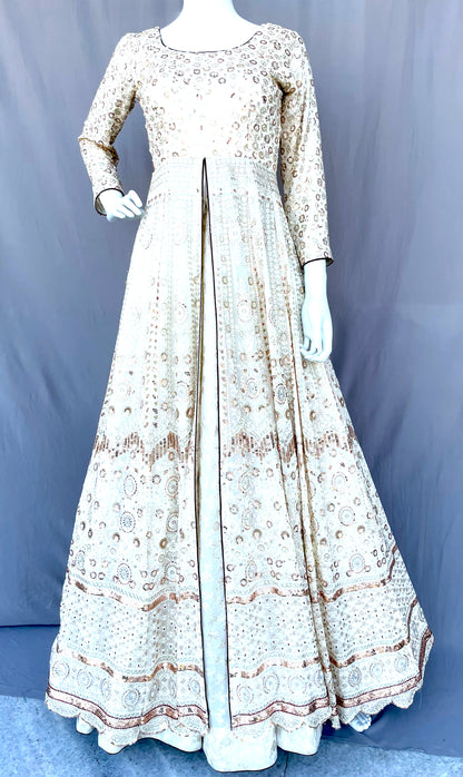 Off White Flared Pure Georgette Long Gown with Dupatta, Pure Chanderi Silk Indian Long Dress, Embroidered, Bridal Wear, Wedding Wear