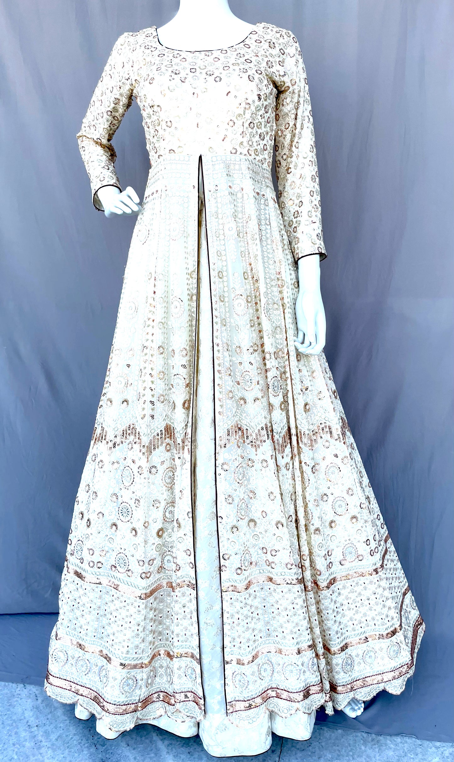 Off White Flared Pure Georgette Long Gown with Dupatta, Pure Chanderi Silk Indian Long Dress, Embroidered, Bridal Wear, Wedding Wear