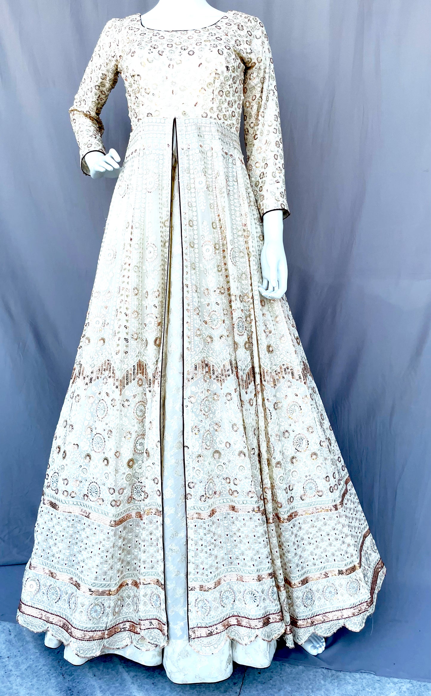 Off White Flared Pure Georgette Long Gown with Dupatta, Pure Chanderi Silk Indian Long Dress, Embroidered, Bridal Wear, Wedding Wear