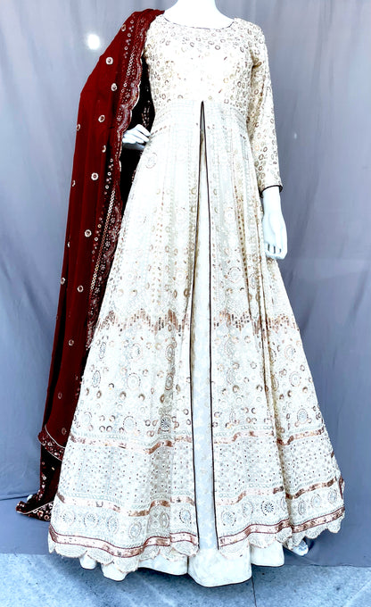 Off White Flared Pure Georgette Long Gown with Dupatta, Pure Chanderi Silk Indian Long Dress, Embroidered, Bridal Wear, Wedding Wear