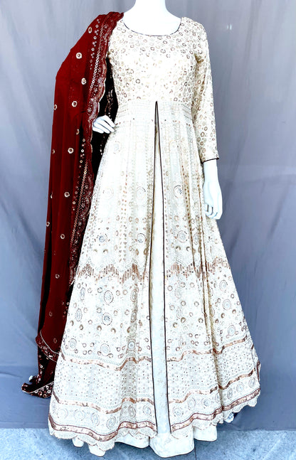 Off White Flared Pure Georgette Long Gown with Dupatta, Pure Chanderi Silk Indian Long Dress, Embroidered, Bridal Wear, Wedding Wear