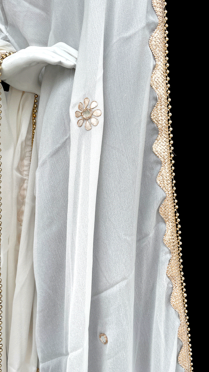 White Pure Chinon Dupatta with Gota patti Handwork Floral Mirror Work Hand Embroidery Rajasthani Stole Wrap ACD21744
