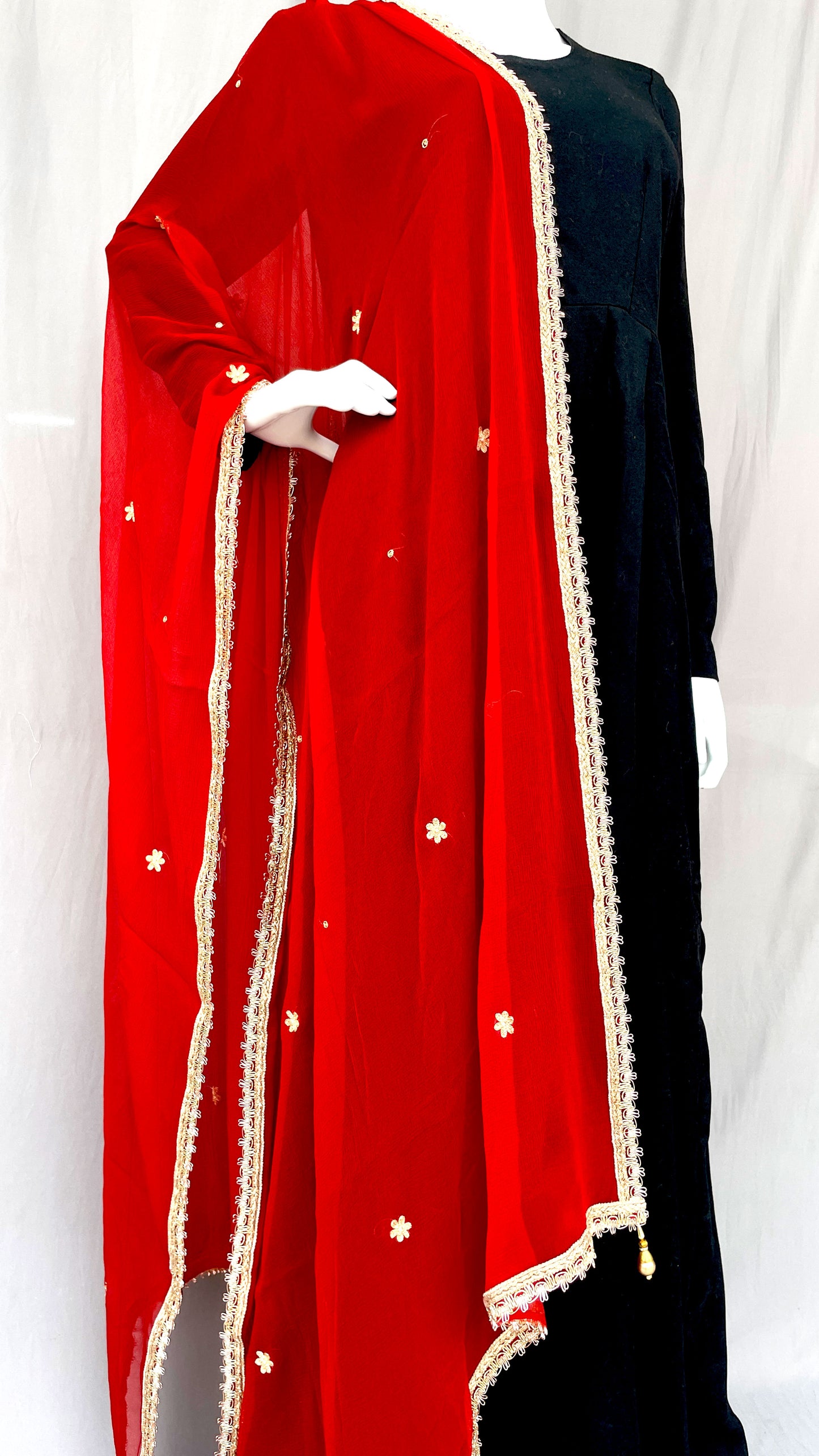 Red Kundan Work Dupatta, Pure Chiffon Dupatta with Handwork