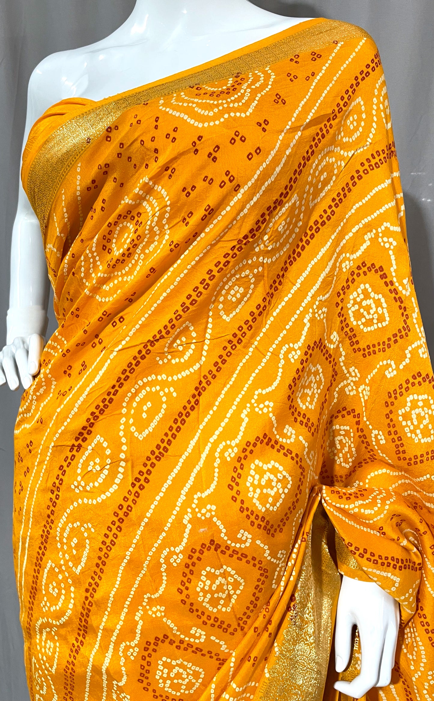 Bright Yellow Bandhani Sari, Bhandej Silk Saree, Jaipuri print Saree