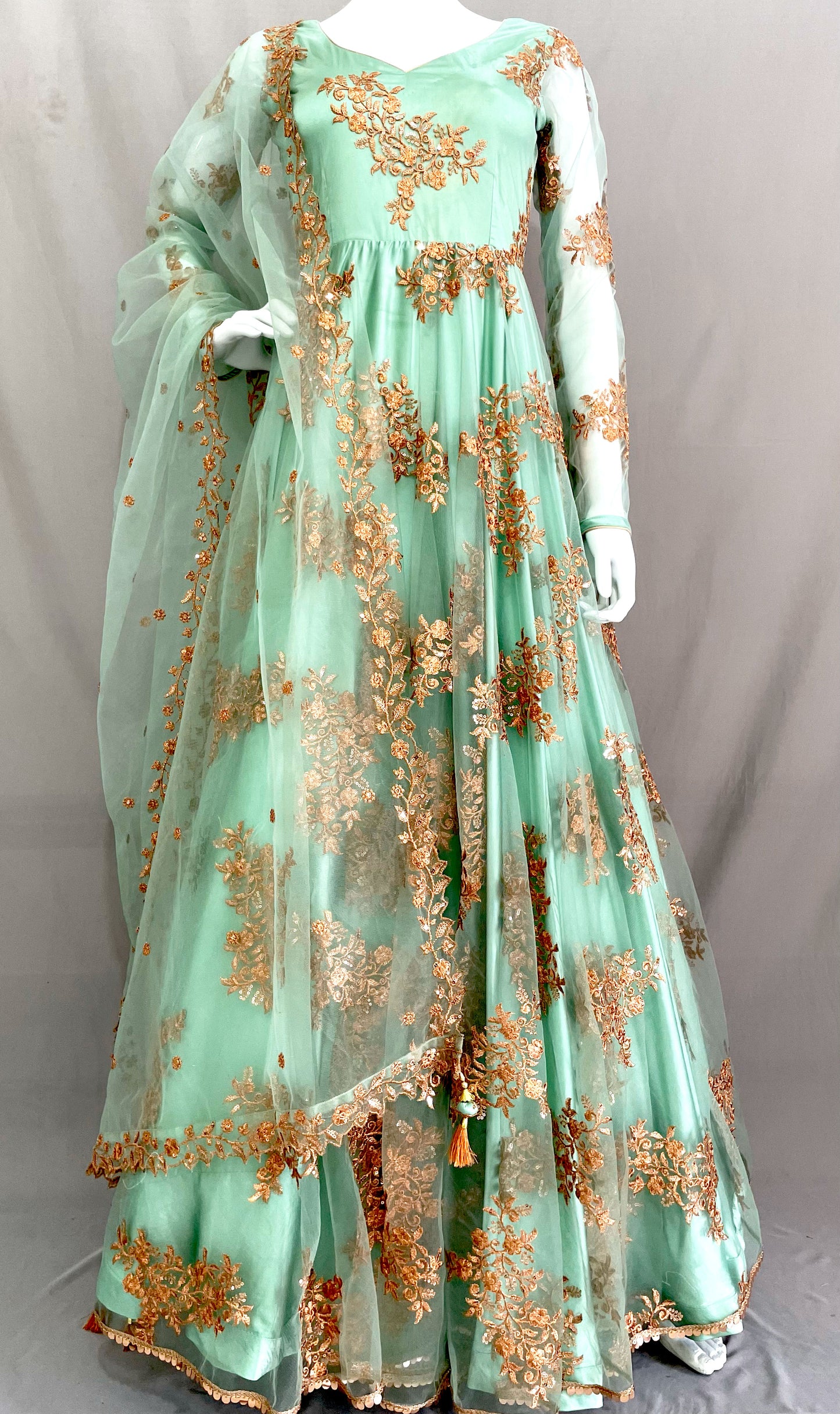 Green Flared Net Long Gown with Dupatta, Indian Long Dress, Embroidery, Bridesmaid, Mehendi, Haldi, Wedding Wear