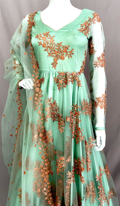 Green Flared Net Long Gown with Dupatta, Indian Long Dress, Embroidery, Bridesmaid, Mehendi, Haldi, Wedding Wear
