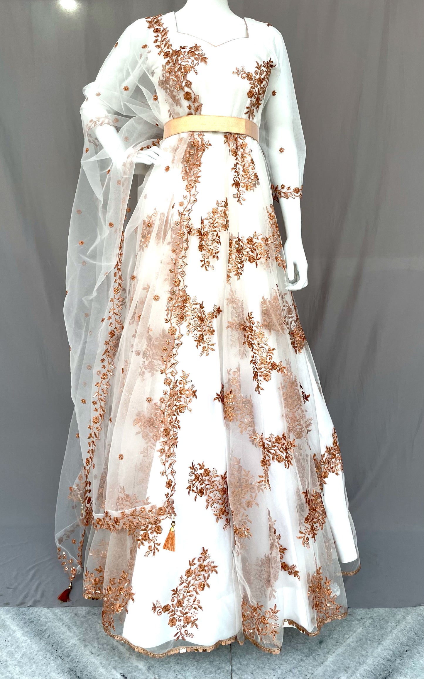 White Flared Net Long Gown with Dupatta, Indian Long Dress, Embroidery, Bridesmaid, Wedding Wear