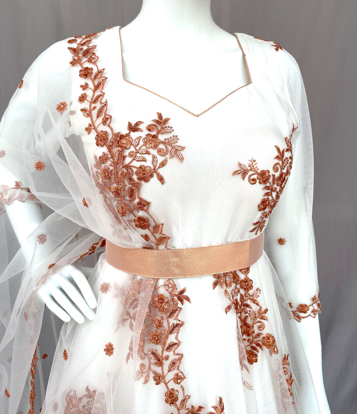 White Flared Net Long Gown with Dupatta, Indian Long Dress, Embroidery, Bridesmaid, Wedding Wear