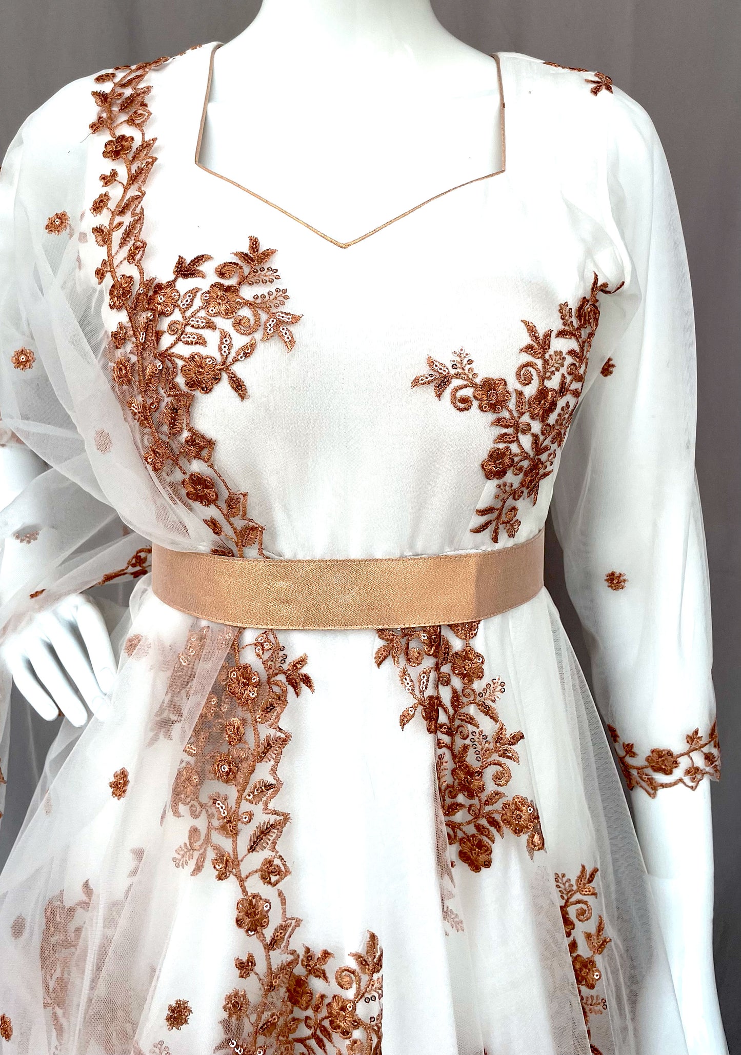 White Flared Net Long Gown with Dupatta, Indian Long Dress, Embroidery, Bridesmaid, Wedding Wear