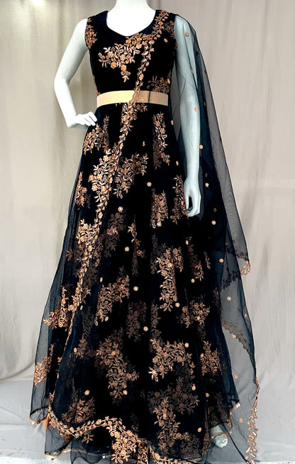 Black Flared Net Long Gown with Dupatta, Indian Long Dress, Embroidery, Party wear