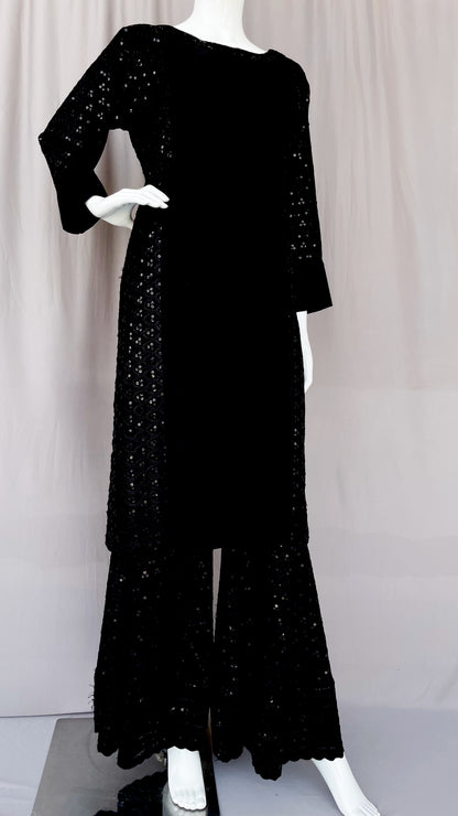 Black Rayon Sequins Sharara Suit with Hand Embroidery