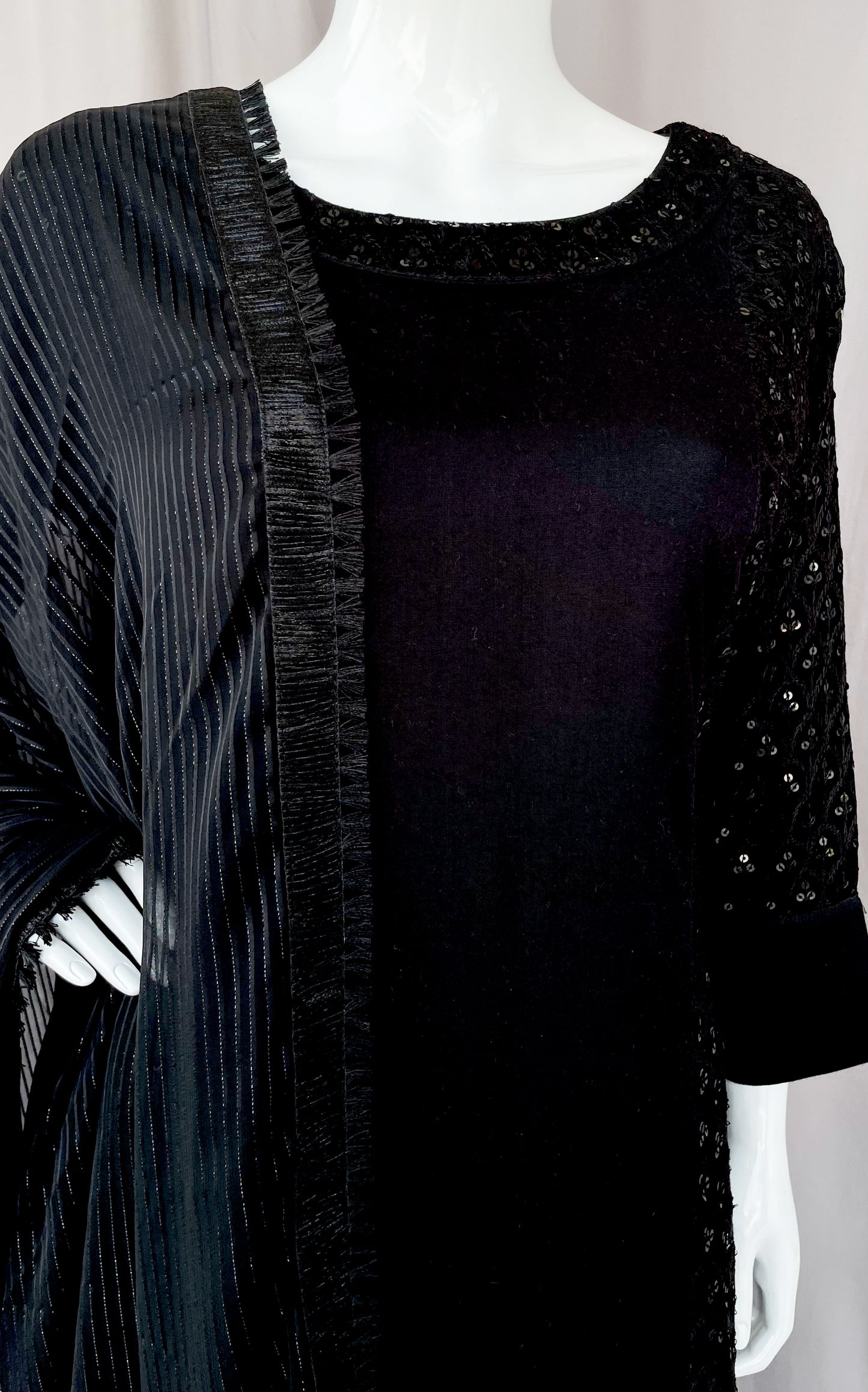 Black Rayon Sequins Sharara Suit with Hand Embroidery
