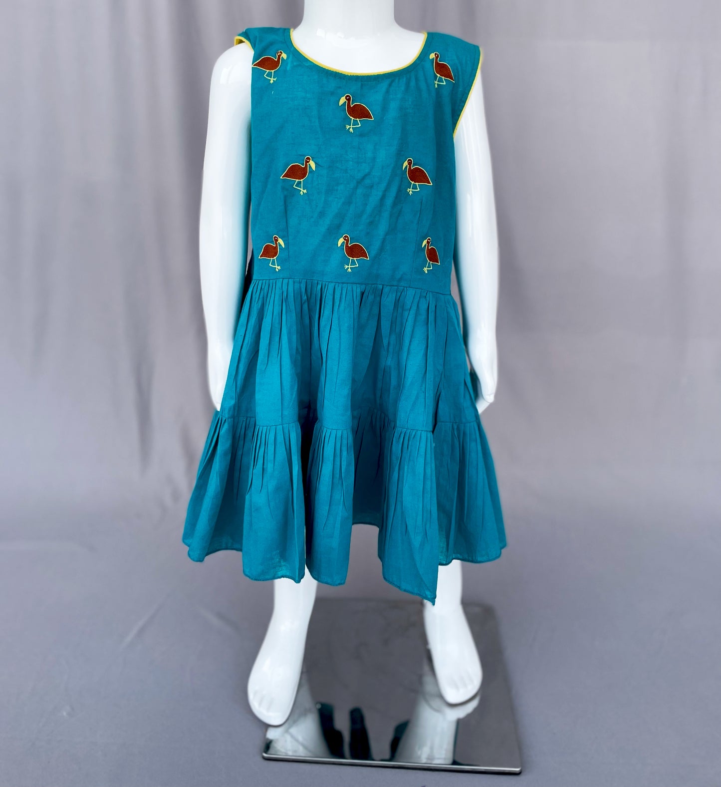 Turquoise Kids Dress, Summer wear for Girls, Frock for Girl Child, Bird Embroidery
