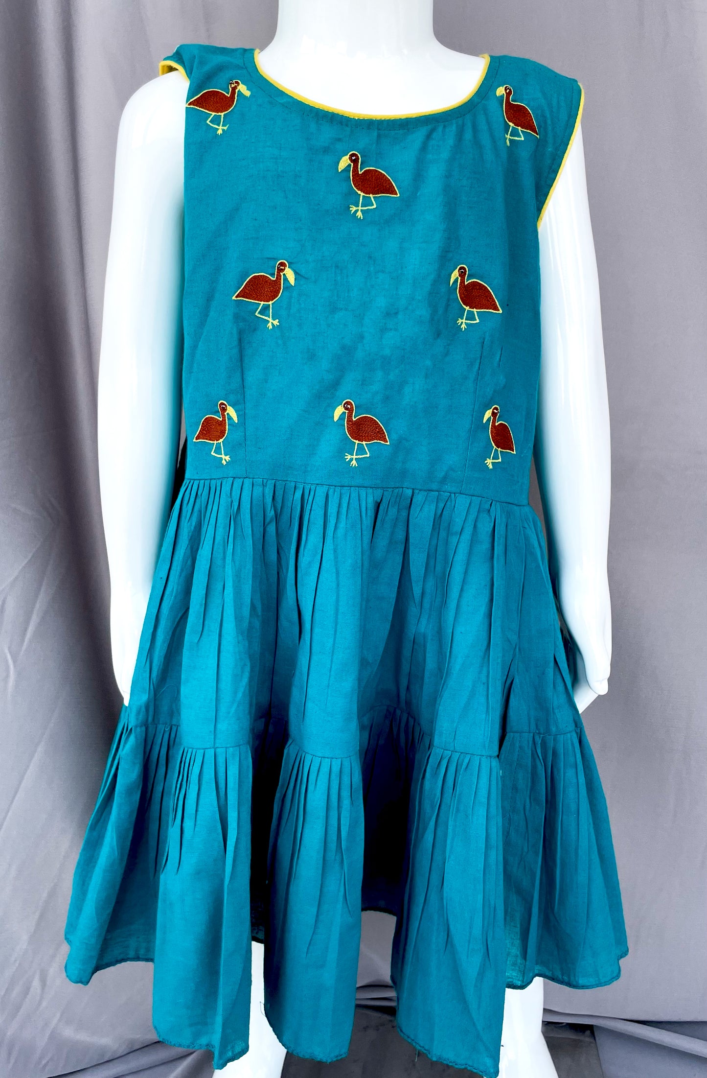 Turquoise Kids Dress, Summer wear for Girls, Frock for Girl Child, Bird Embroidery