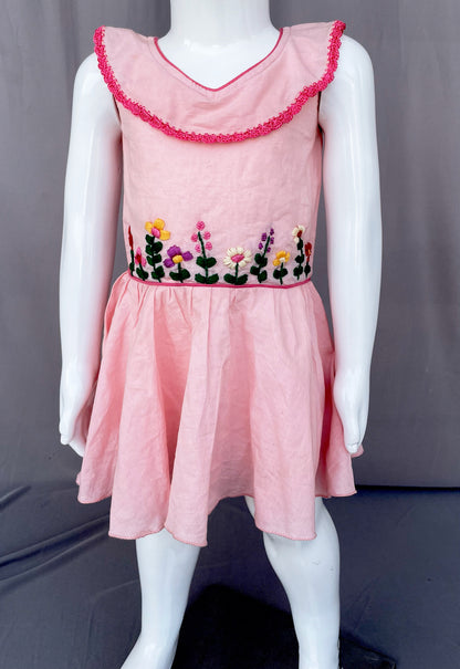Pink Crochet Cotton Kids Dress, Summer wear for Girls, Frock for Girl Child, Floral Embroidery