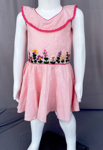 Pink Crochet Cotton Kids Dress, Summer wear for Girls, Frock for Girl Child, Floral Embroidery