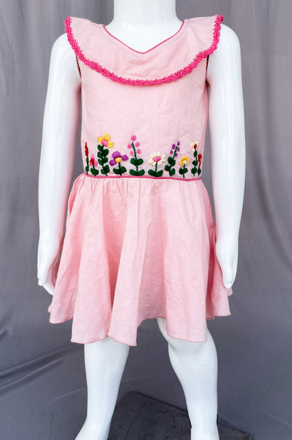 Pink Crochet Cotton Kids Dress, Summer wear for Girls, Frock for Girl Child, Floral Embroidery