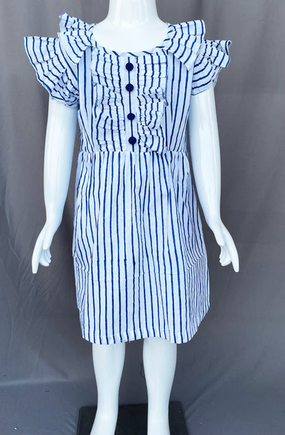 Blue Striped Cotton Dress, Summer wear for Girls, White Frock for Girl Child