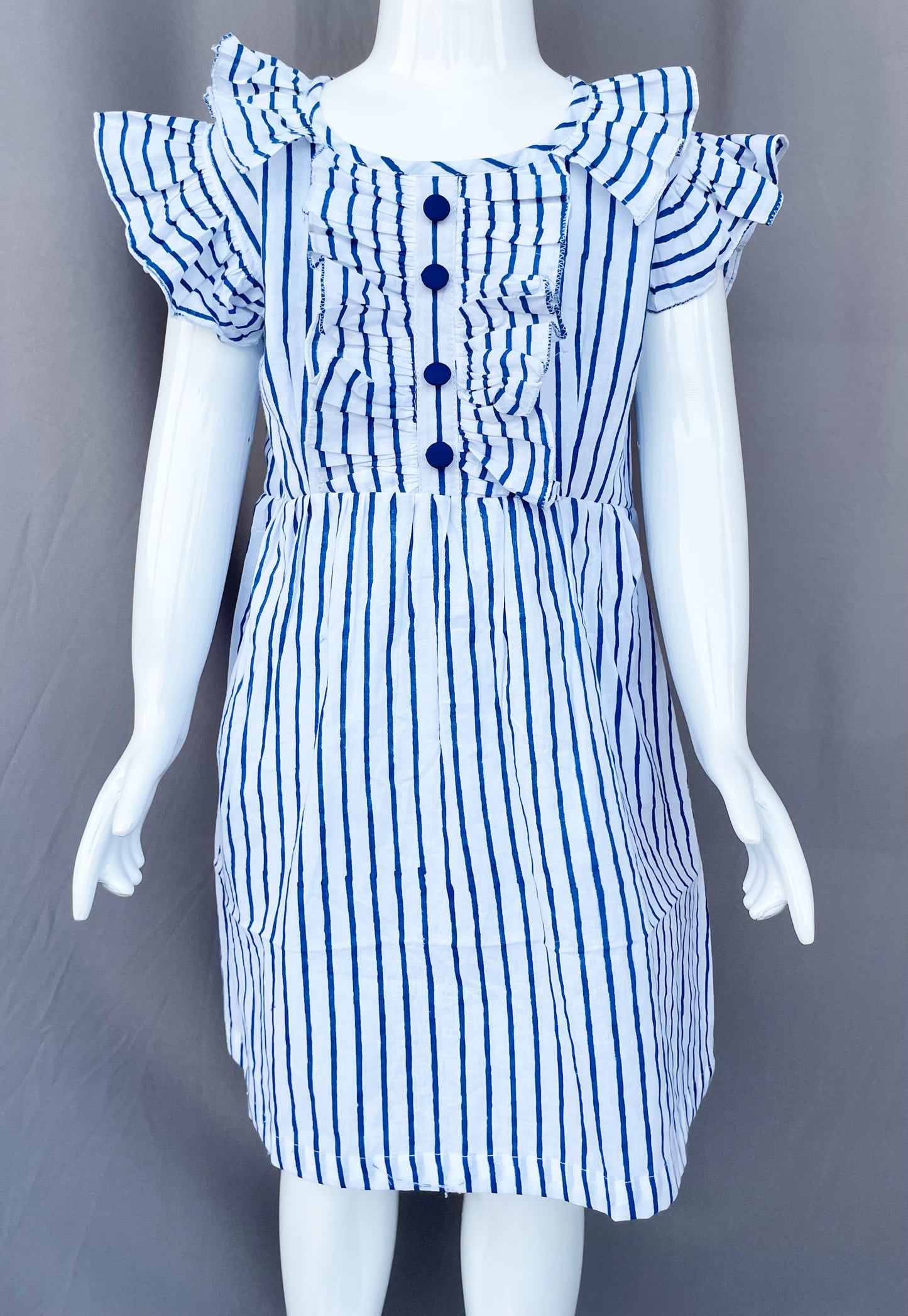 Blue Striped Cotton Dress, Summer wear for Girls, White Frock for Girl Child