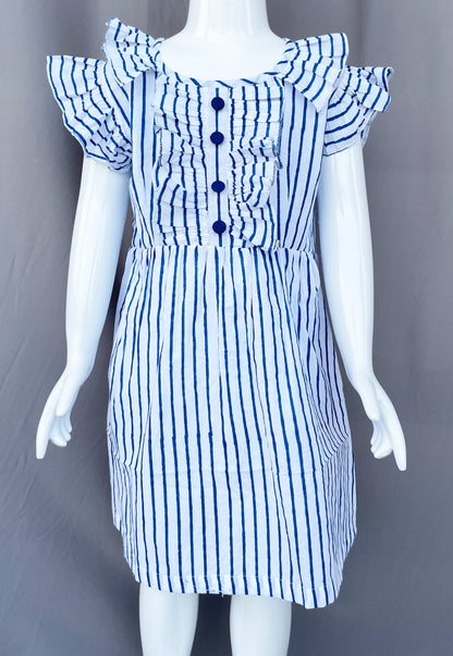 Blue Striped Cotton Dress, Summer wear for Girls, White Frock for Girl Child