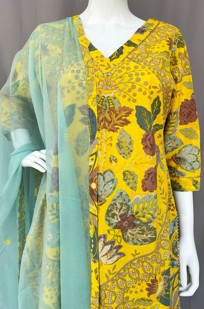 Yellow and Cyan Pure Cotton Indian Straight Pant Suit